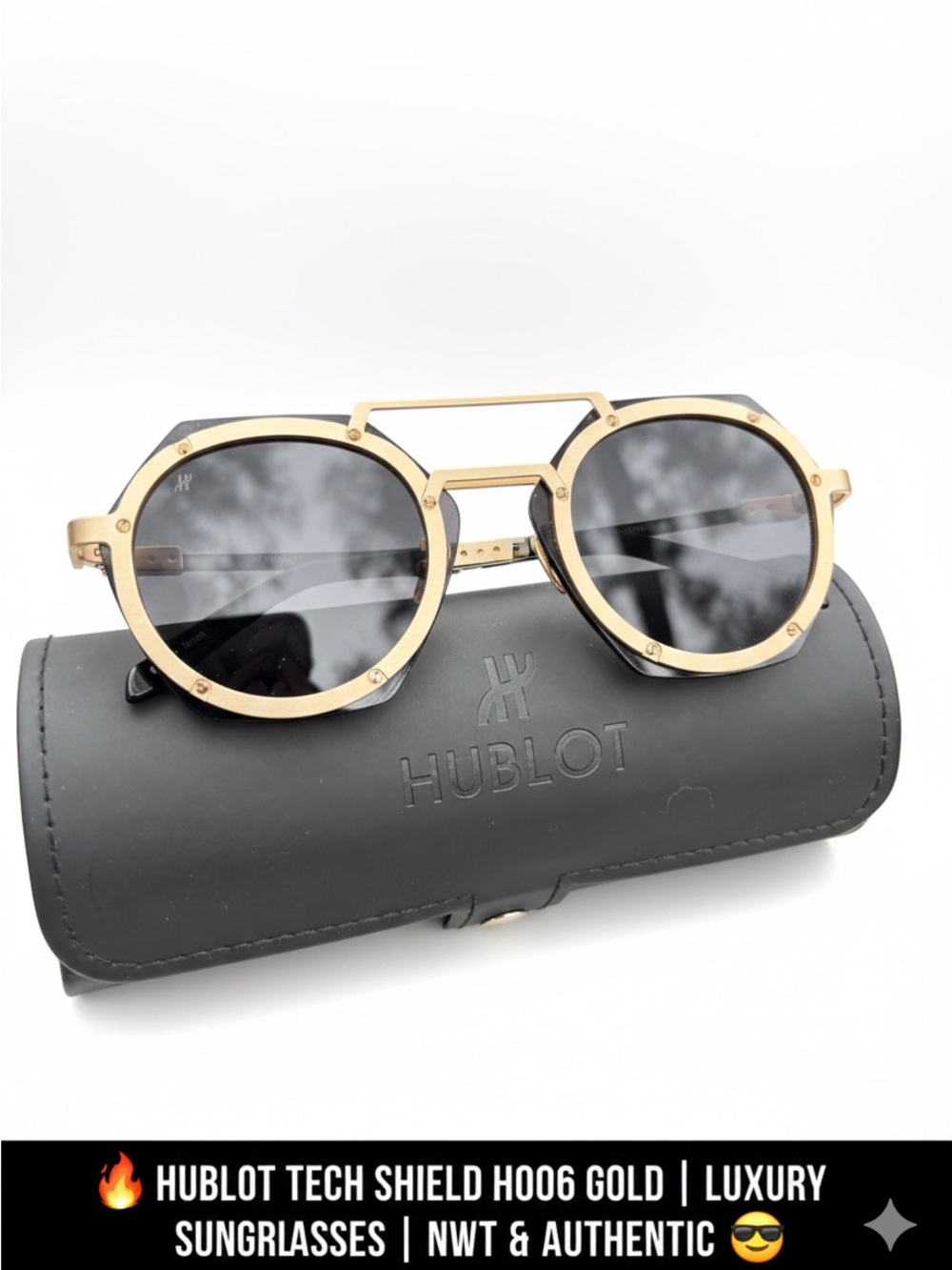 Hublot Gold Round Metal Sunglasses with Black Lenses - Picture 4 of 7
